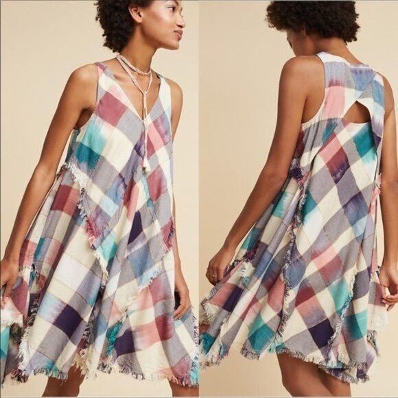 Maeve Anthropologie S Bolano Plaid Fringe Hem A-Line Dress Cotton RAA10417 EUC - Picture 1 of 9